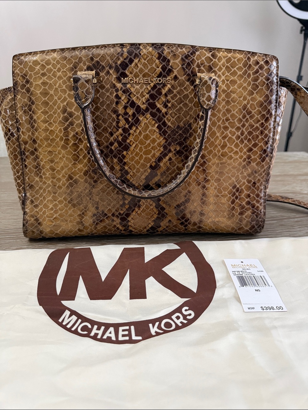 Michael Kors Tan Brown Snake-Print Leather Satchel